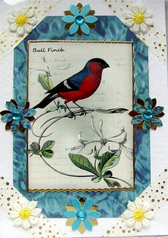 Bull Finch Garden Bird - Hand Crafted Decoupage Greeting Card - Blank - 2893