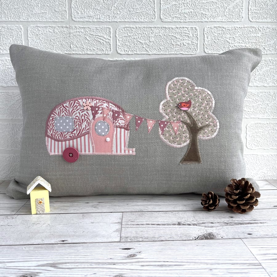 Caravan Cushion in Grey and Pink with Tree and Bunting