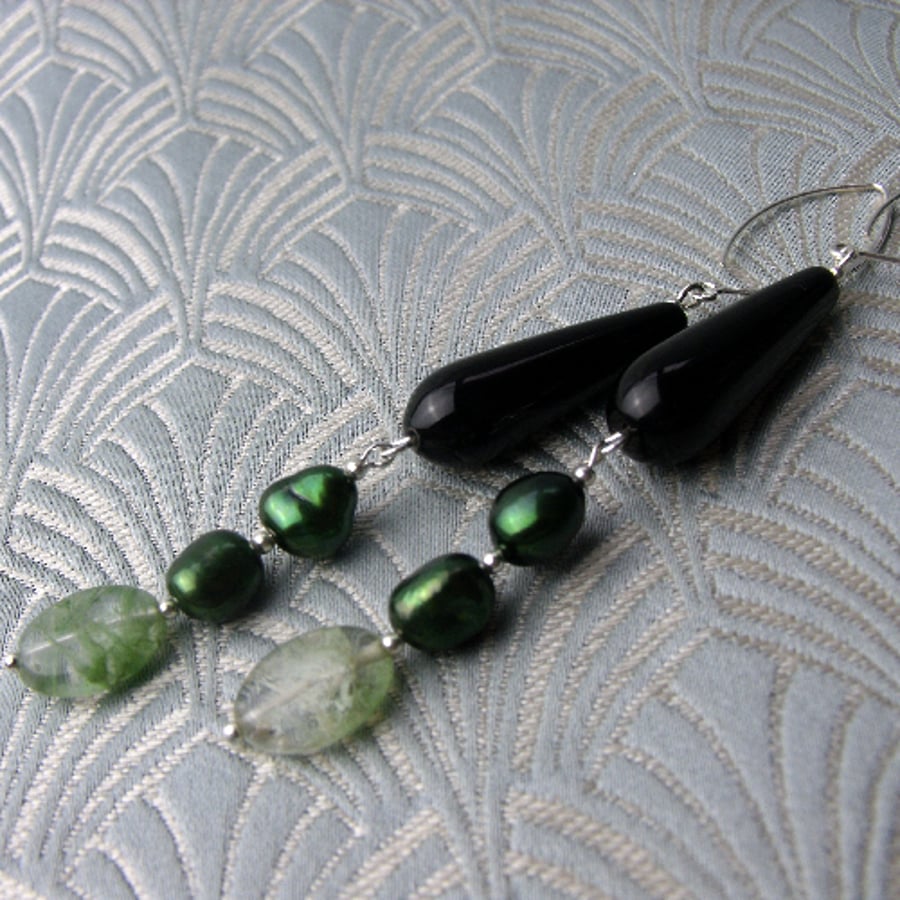 Long Green Statement Earrings, Long Dangle Black Green Earrings CC04
