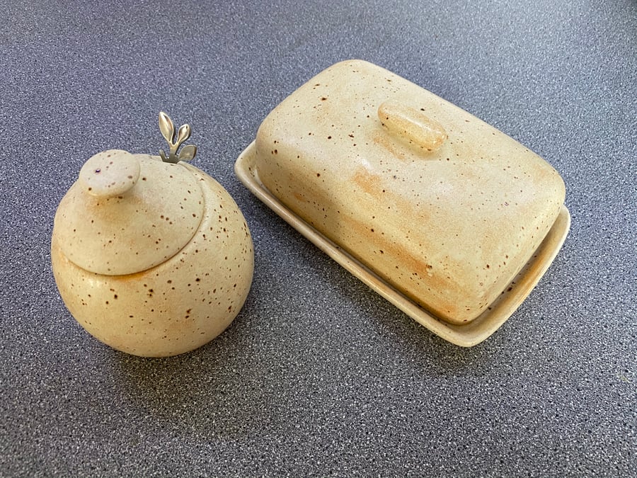 Butter Dish and Sugar Bowl with Spoon Oatmeal Glaze