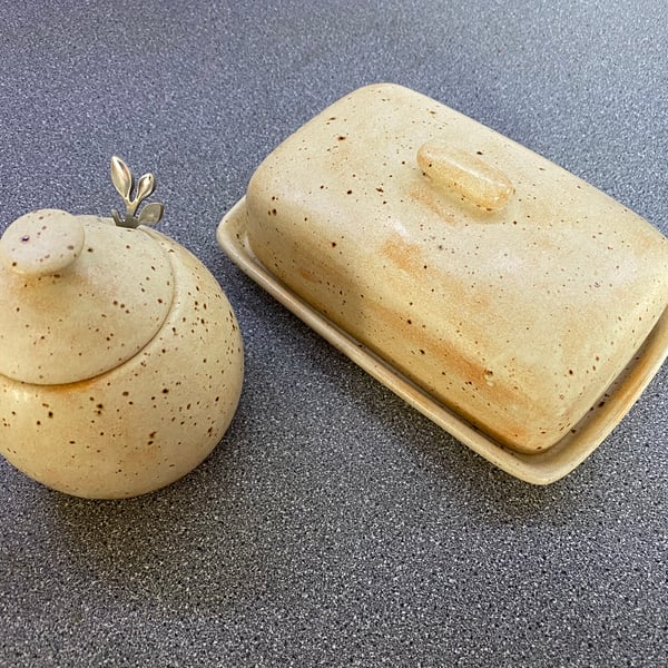 Butter Dish and Sugar Bowl with Spoon Oatmeal Glaze