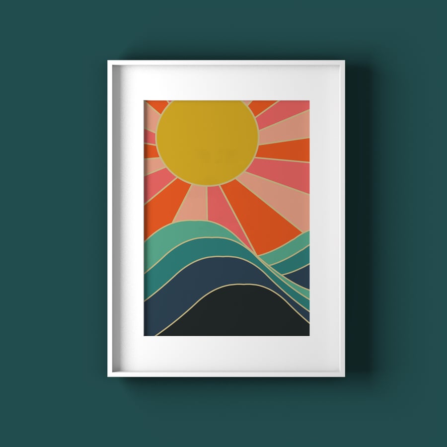 Gallery wall sunrise print, Wall decor for family room, Bright colour print 