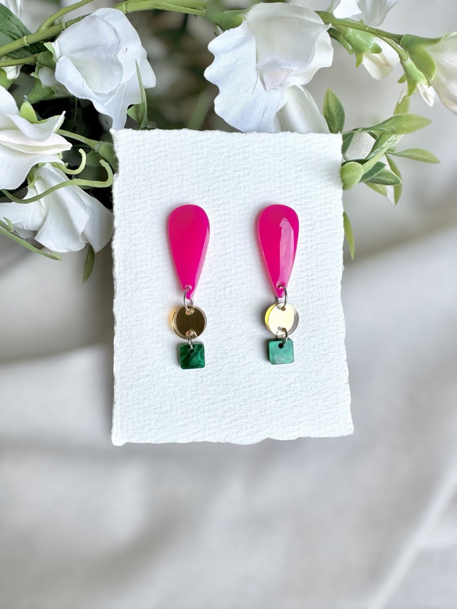 Pink and Green Acrylic Earrings - Mirror Gold Triple Tier Dangles