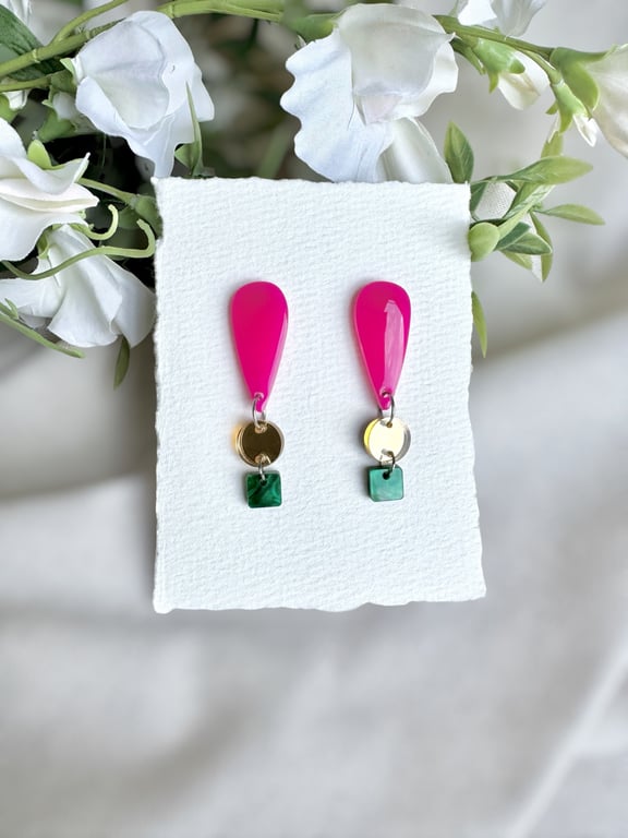 Pink and Green Acrylic Earrings - Mirror Gold Triple Tier Dangles
