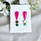 Pink and Green Acrylic Earrings - Mirror Gold Triple Tier Dangles