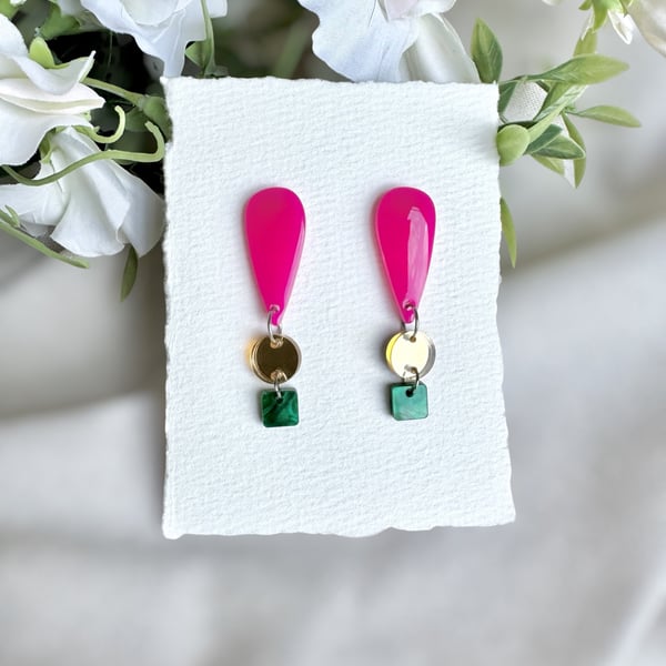 Pink and Green Acrylic Earrings - Mirror Gold Triple Tier Dangles