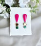 Pink and Green Acrylic Earrings - Mirror Gold Triple Tier Dangles