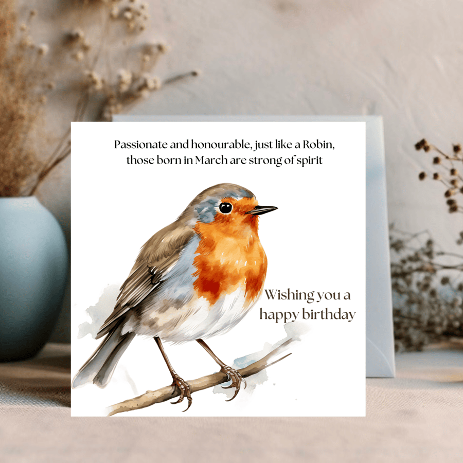  Robin Watercolour printed greetings card for a March Birthday