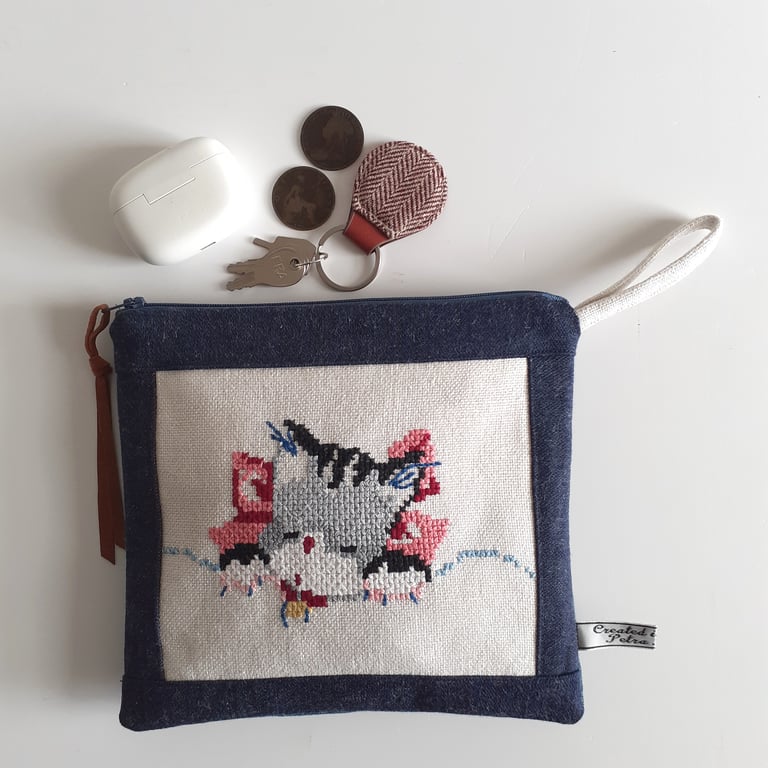 Cat or kitten make up bag or purse upcycled in vintage embroidery and denim