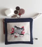 Cat or kitten make up bag or purse upcycled in vintage embroidery and denim