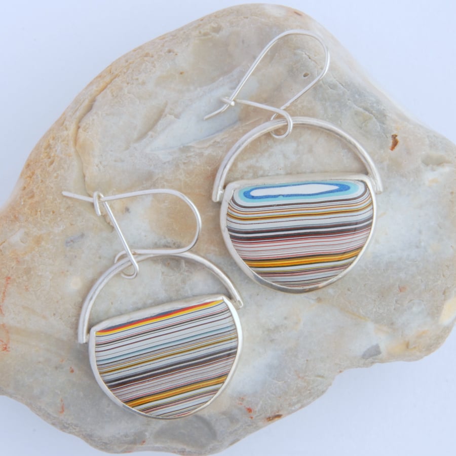 Round dodge fordite and sterling silver drop earrings