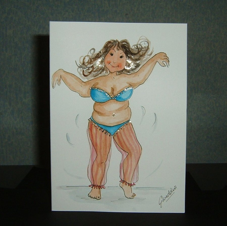 hand painted cartoon Belly Dancer greetings card  ref 010
