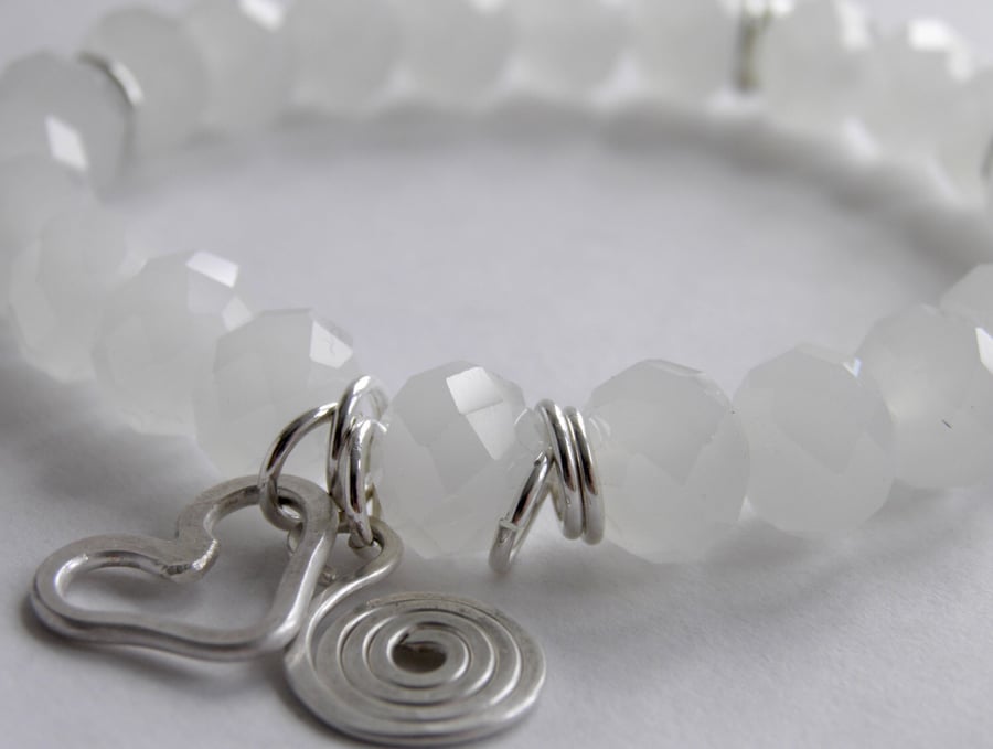 White Opalite Bracelet with Sterling Silver Heart Charm