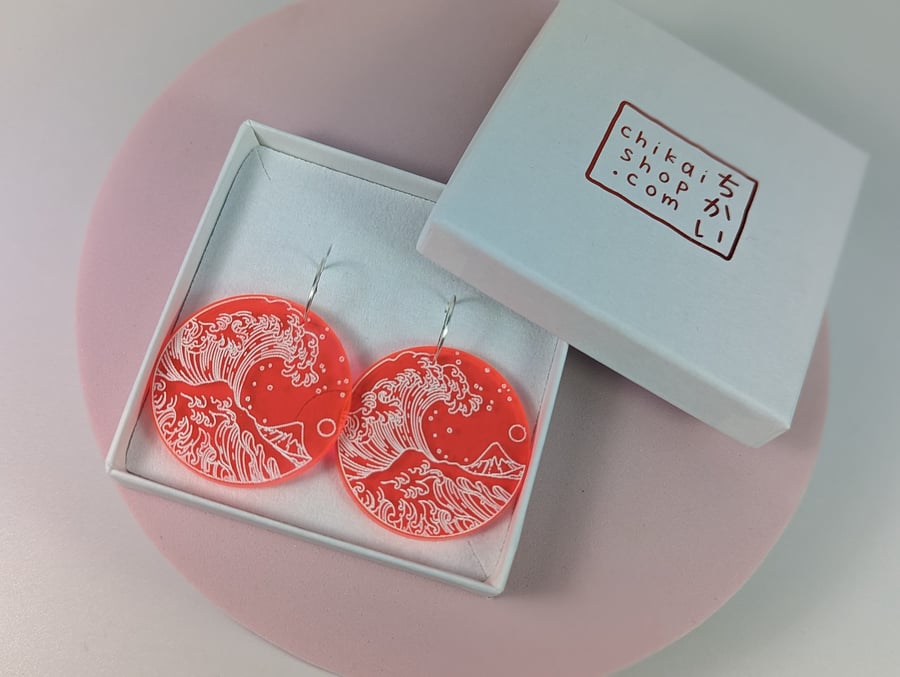 Hokusai Great wave neon acrylic hoop earrings Sterling silver hoops Japanese art