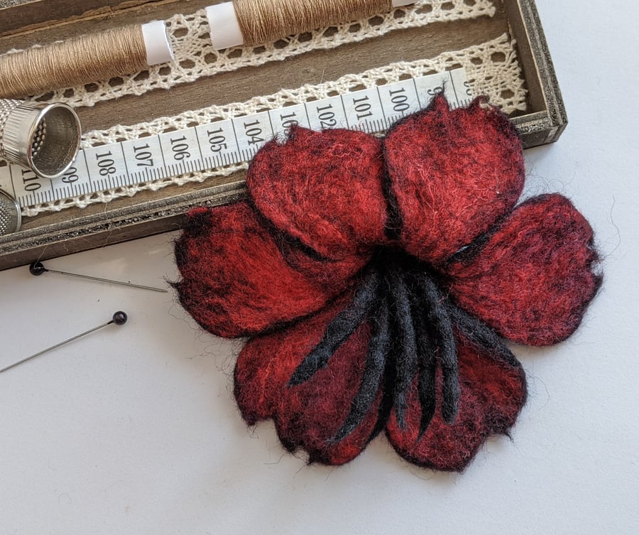 Large felted flower brooch - red and black