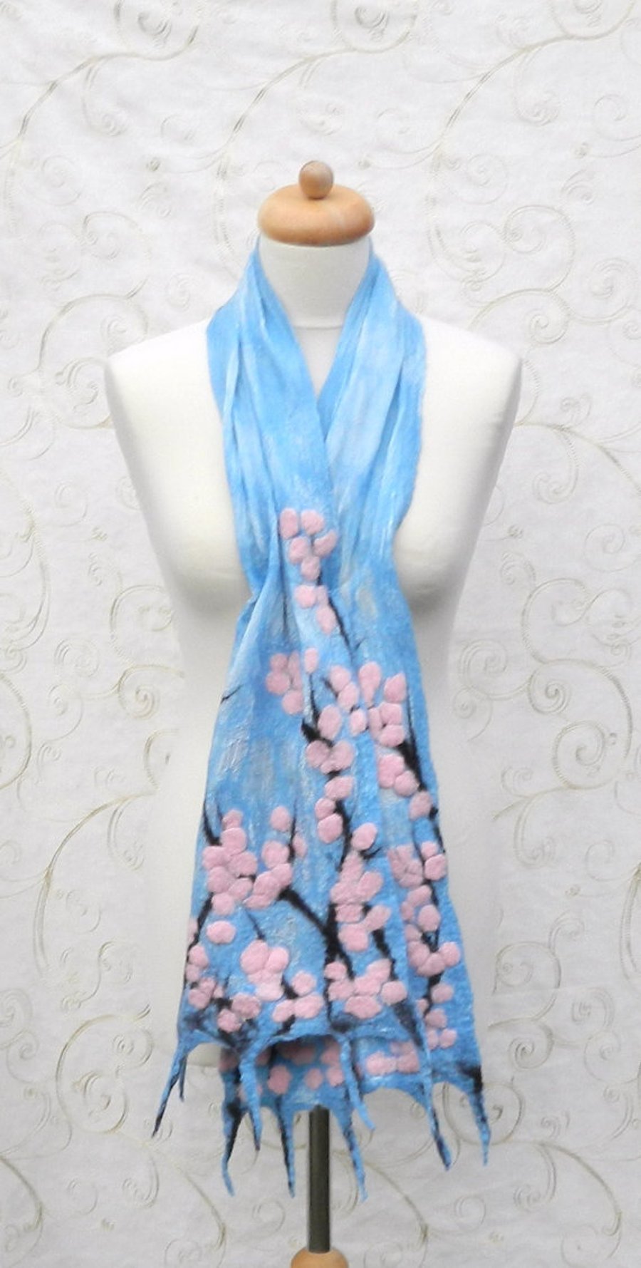 Pink Cherry Blossom Scarf Wrap Silk and Wool Felted Nuno Handmade Felt