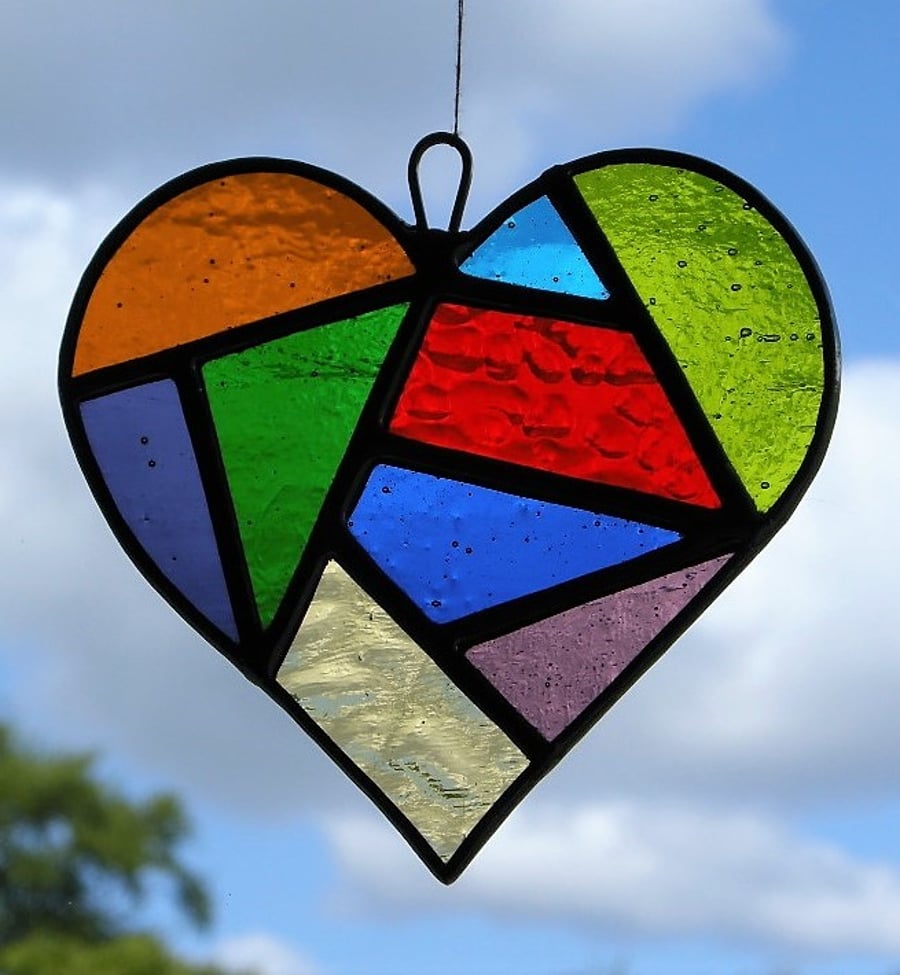 Stained Glass suncatcher Love Heart in a mixture of colours and textured glass