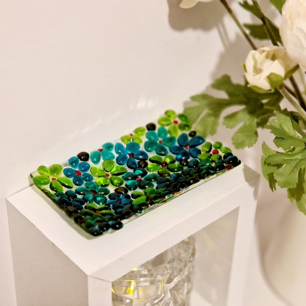 Fused glass green and blue ditsy trinket dish