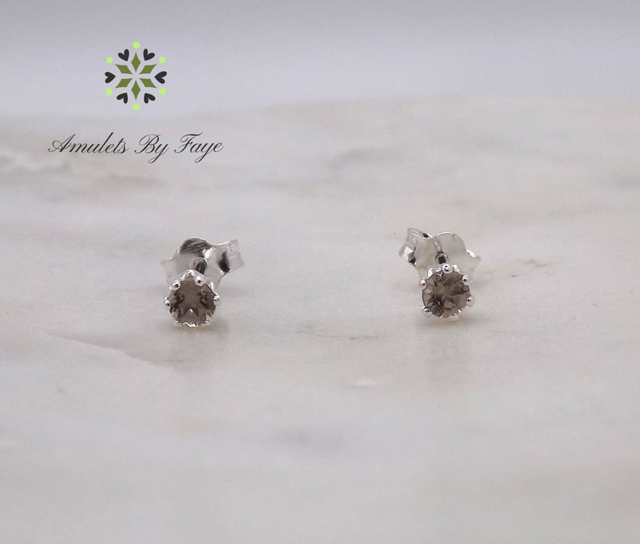 Smoky Quartz Facet 3mm Gemstone 6 Prong Sterling Silver Stud Earrings.