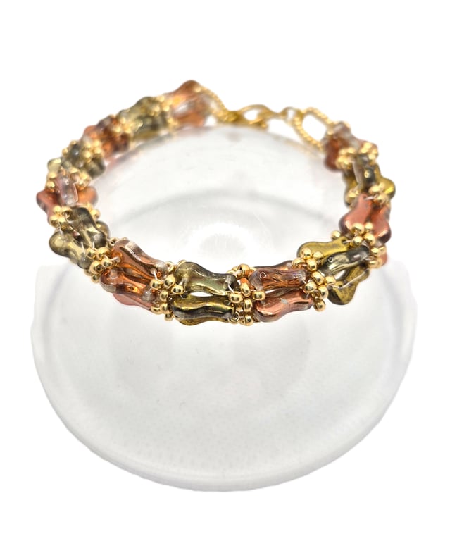 Multicoloured autumn tones Czech glass link bead bracelet with toggle clasp