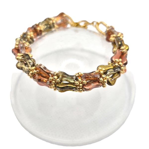 Multicoloured autumn tones Czech glass link bead bracelet with toggle clasp
