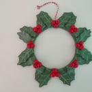 Traditional Holly with Berries Christmas Wreath 25cm made from  Air dry clay