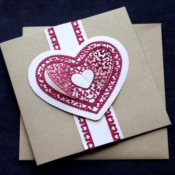 Cream Lacy Heart - Handcrafted Valentines or Anniversary Card - dr16-0019