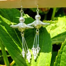White Pearlised Flower & Shell Pearl Crystal Dangle Silver Earrings