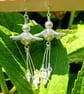 White Pearlised Flower & Shell Pearl Crystal Dangle Silver Earrings