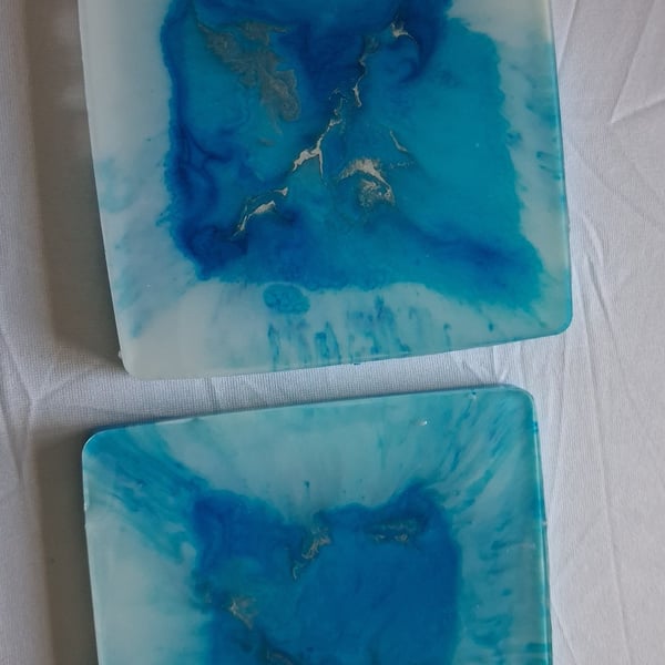Set of two handmade epoxy resin square coasters. Blue and silver 