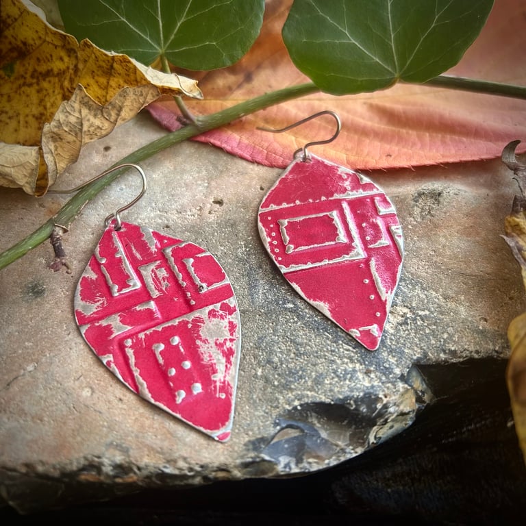 Red Embossed Leaf-Shaped Upcycled Tin Earrings
