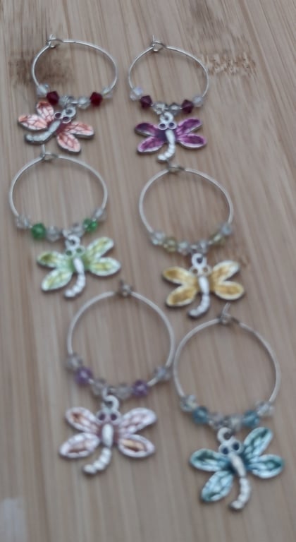 Wine charm dragonfly themed set of 6 cocktail bar accessories 