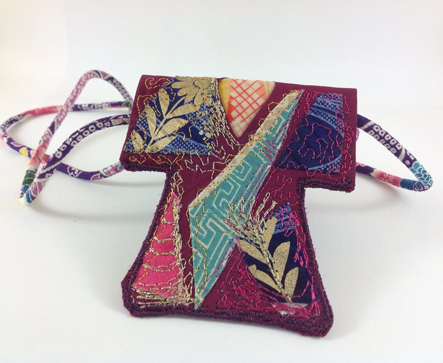 Art Textile Kimono Pendant Burgandy