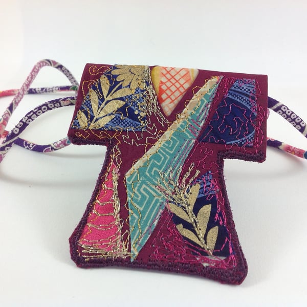 Art Textile Kimono Pendant Burgandy