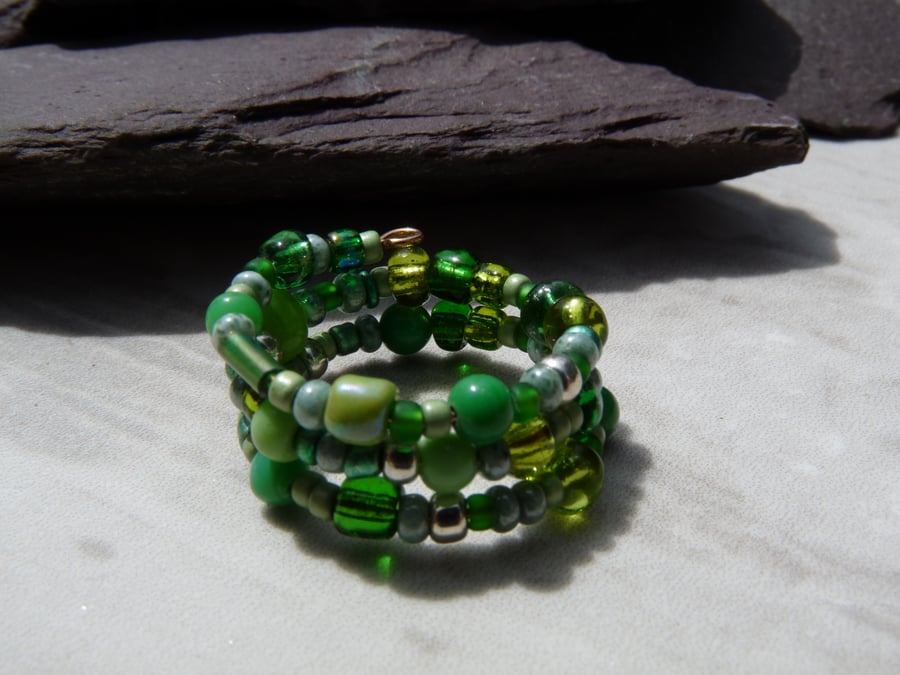 Green Memory Wire Ring, Beaded Boho Festival Ring