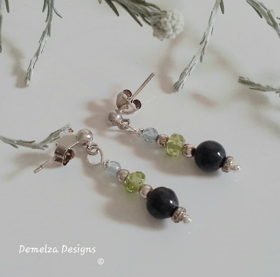 Blue Sapphire, Peridot, Apatite Sterling Silver Stud  Earrings