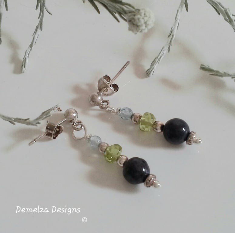 Blue Sapphire, Peridot, Apatite Sterling Silver Stud  Earrings