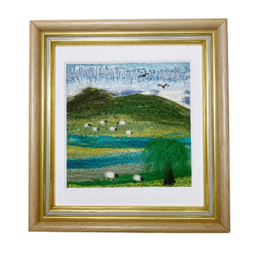 Country Landscape textile picture, sheep grazing. Needle felted silk