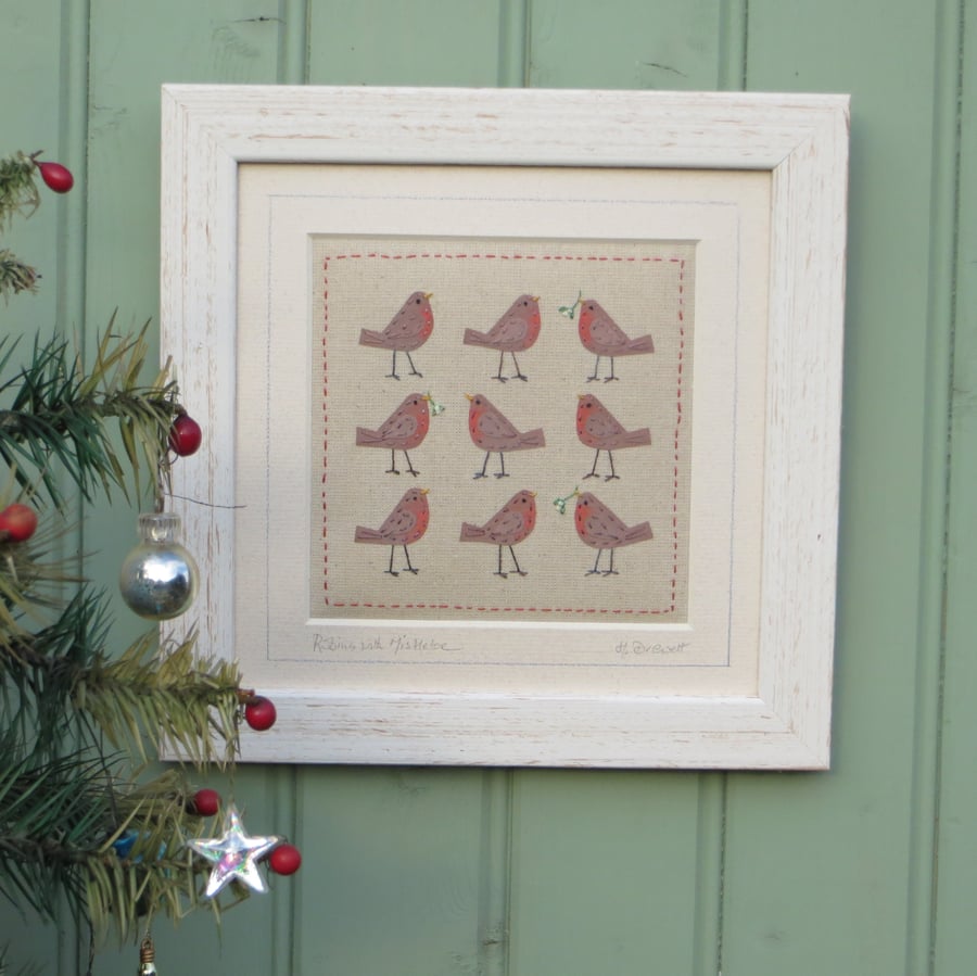 Robins with Mistletoe, small framed hand-stitched embroidery, Christmas gift