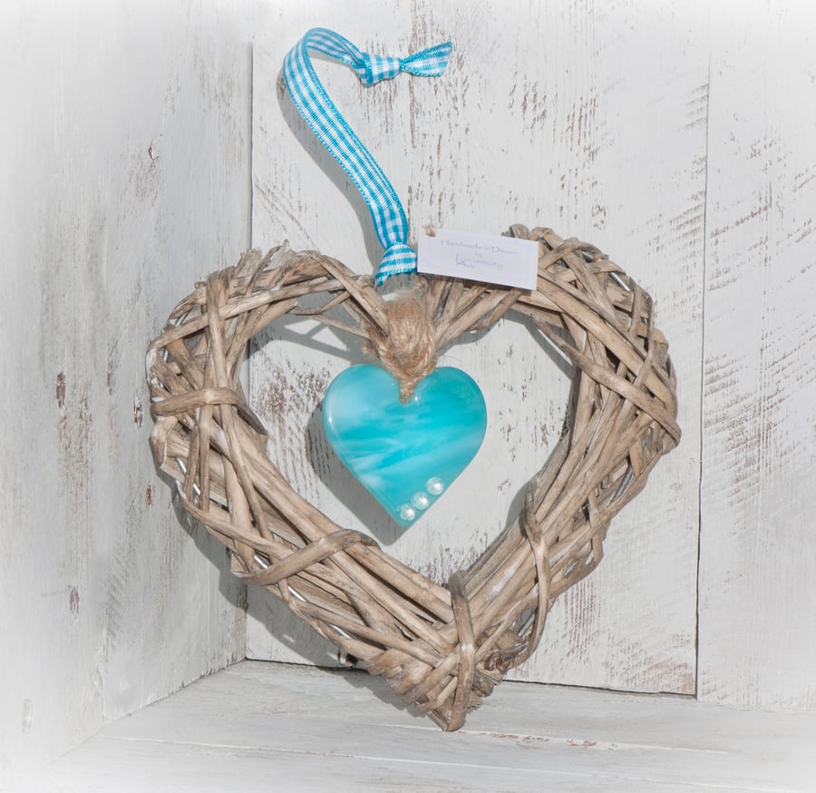 Wicker & Glass Hanging Heart - Turquoise with Silver Detail