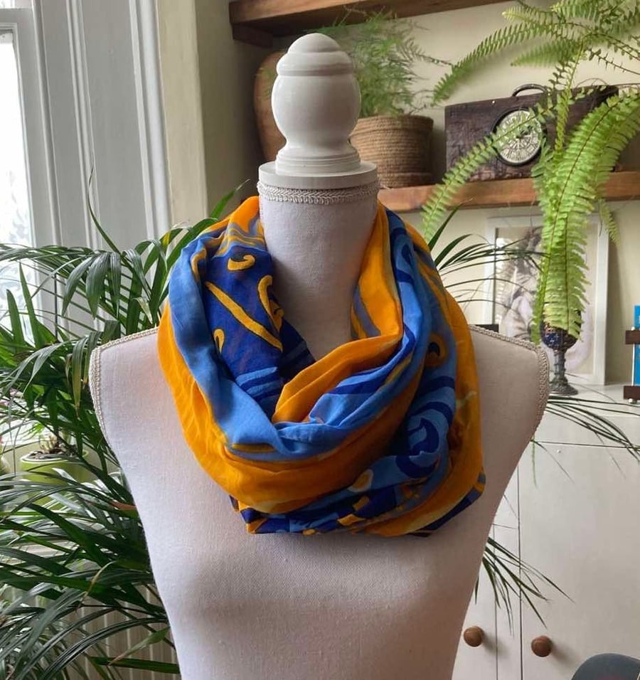 Vintage Pattern Orange Blue Rectangular Scarf Soft Draping Fabric Gift for Her