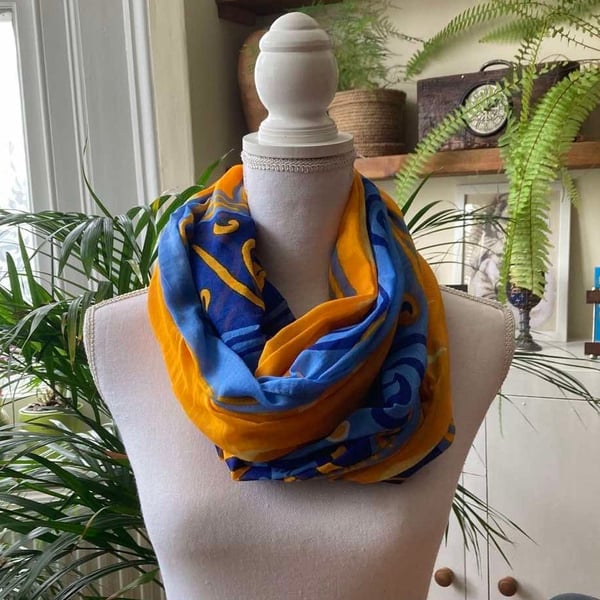 Vintage Pattern Orange Blue Rectangular Scarf Soft Draping Fabric Gift for Her
