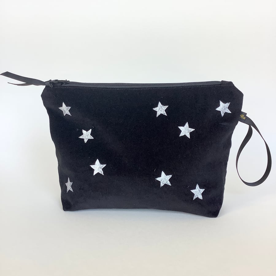 Silver Stars Print Velvet Zip-Up Pouch; Makeup Bag; Hand printed Purse