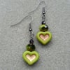 Green Heart Dangle Earrings Czech Glass Black Coloured Vintage
