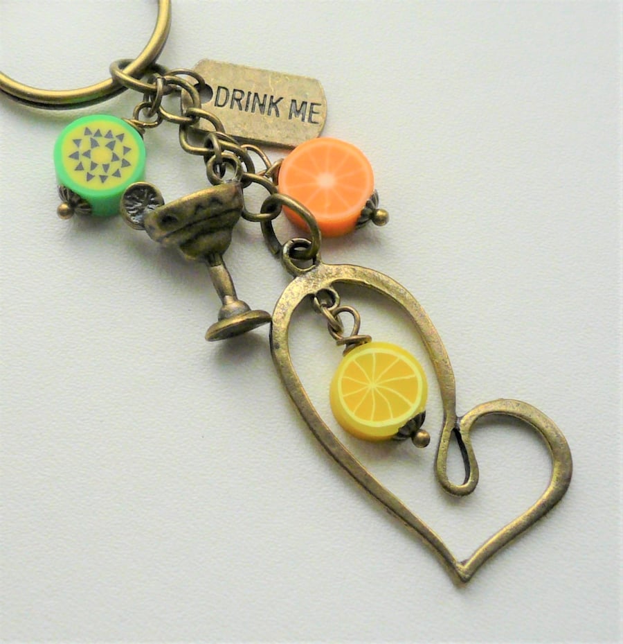 Cocktail Drink Keyring Bag Charm Poly Clay Fruits Antique Bronze    KCJ2293