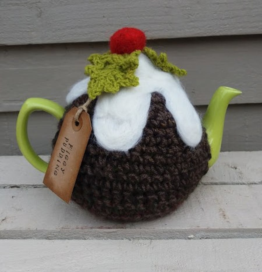 Christmas Pudding Novelty Tea Cosy Handmade Crochet and Needle Felt