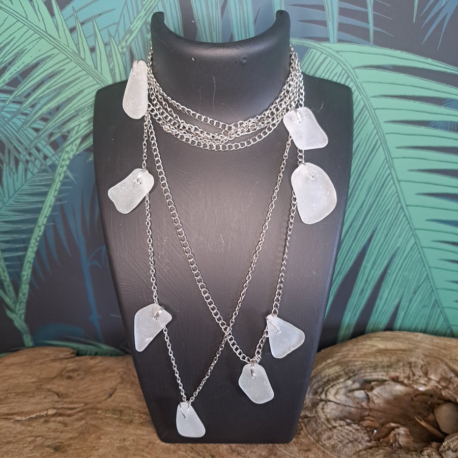 Necklace, Double Chain, Clear Sea Glass