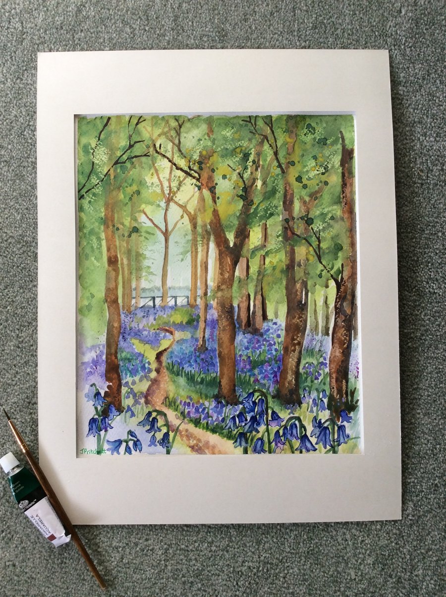 Original watercolour painting of Spring bluebells in wood.