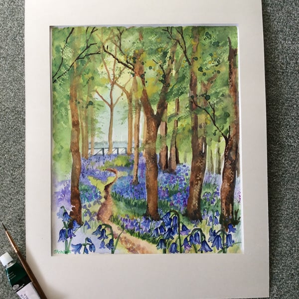 Original watercolour painting of Spring bluebells in wood.