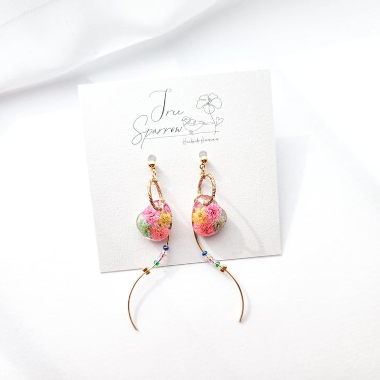 Dried Flowers Pendant Earrings, Floral Earrings Dangle Drop Earrings 